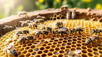 Close-up of bees working on a honeycomb in a sunny apiary