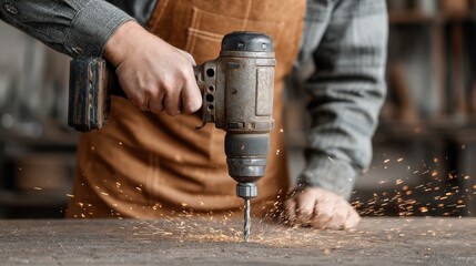 Craftsman Using Electric Drill to Create Woodworking Projects in a Workshop Environment with Sparks Flying from the Work Surface