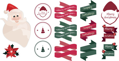 Christmas magic in vector: Santa Claus surrounded by intricately designed festive ribbons, traditional holiday stamps, and decorative motifs, perfect for holiday cards, wrapping paper, and seasonal di