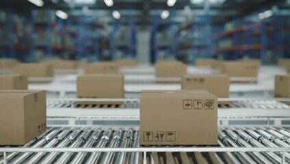 Automated warehouse fulfillment with conveyor belts and cardboard boxes, streamlining logistics and delivery operations