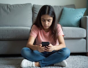 Obraz premium Sad young girl sitting cross-legged on floor looking at phone. She appears upset and worried by something on screen. Teenager feels distress from online messages. Serious issue for youth.