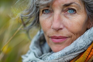 Close up of a confident mature woman with grey hair and blue eyes, wearing a scarf, embodying wisdom and experience