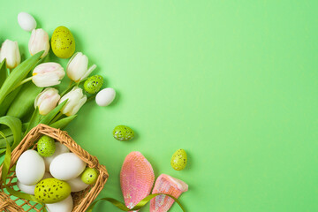 Easter holiday concept with easter eggs, basket and white tulip flowers on green background. Top view, flat lay
