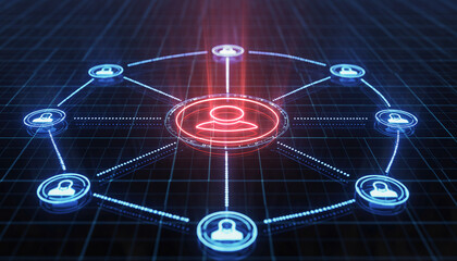 A digital network, with interconnected nodes radiating outwards from a central hub, symbolizes connectivity and the potential for a central authority or a source of critical influence.
