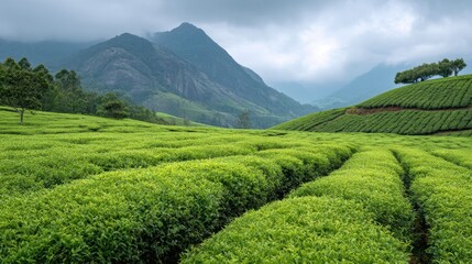 Obraz premium Lush Green Tea Fields on Gentle Hills Under a Dramatic Sky with Rolling Mountains in the Background Showcasing Vibrant Natural Beauty