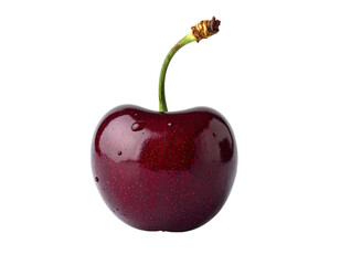 A single, shiny red fruit with a green stem, isolated against a solid black background