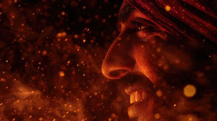 A smiling South Asian man with a beard and turban, illuminated by warm, glowing particles in a dark background. The scene conveys a sense of joy and celebration.