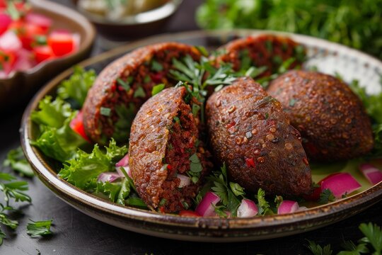 Kibbeh, levantine fried meatballs with bulgar wheat, minced onions and spices, resting on fresh herbs