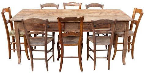 Old Rustic Wooden Table with Chairs, Antique Rustic Furniture On Transparent Background, png Sticker