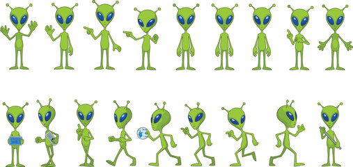 Cute green alien character illustration set featuring multiple poses, gestures, walking actions, and cartoon expressions © EdGe Creative