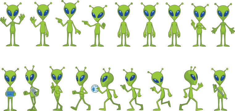 Cute green alien character illustration set featuring multiple poses, gestures, walking actions, and cartoon expressions