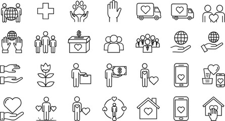 Charity and social care outline icon set featuring donation, volunteer support, community help, love, and humanitarian service concepts