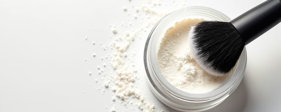 Loose white face powder in glass jar with black makeup brush ready for application. Cosmetic product for smooth skin finish. Natural grooming and beauty kit detail. - Powered by Adobe