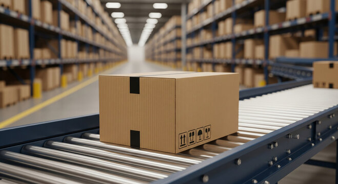 Cardboard box travels along a conveyor belt in a vast warehouse, symbolizing logistics and delivery. - Powered by Adobe