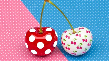 Whimsical Cherry-Shaped Eggs Adorned With Polka Dots, Set Against a Colorful Pop Art Background of Blue and Pink