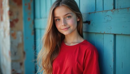 Fototapeta premium Young girl with long blond hair smiles near blue wooden door. She wears a red shirt, looking happy and friendly. Teenager poses outside on a sunny day. Natural beauty.