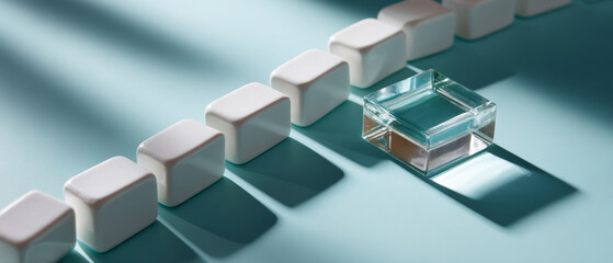 Row of white domino pieces with one transparent glass domino standing out on blue surface casting shadows