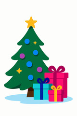 Cute Christmas Tree with Color Ornaments and Gift Boxes Holiday Icon
