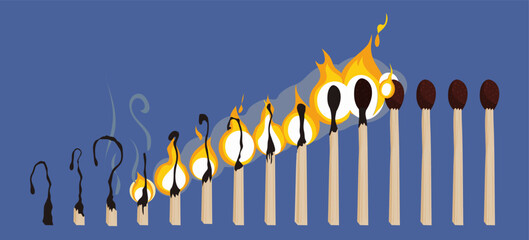 Sequence of matches in different stages of combustion