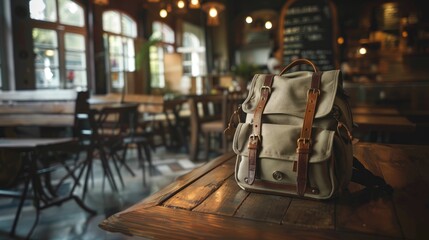 A backpack lying on a table in a cafe. Tourism, active lifestyle.