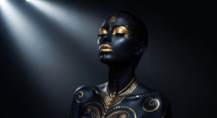 Black figure with gold designs under spotlight