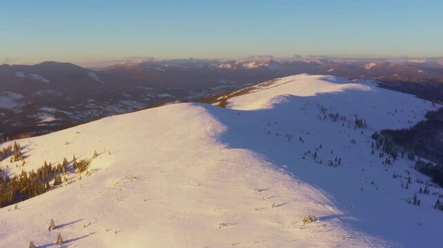 An extraordinary valley with hills and mountains covered with fir forests against the backdrop of a bright pink sunset