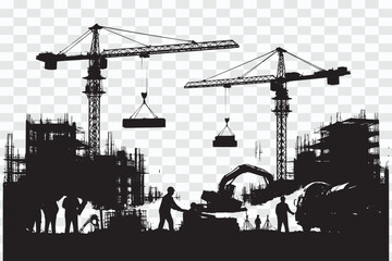 Construction Workers Silhouette Illustration with Tower Cranes