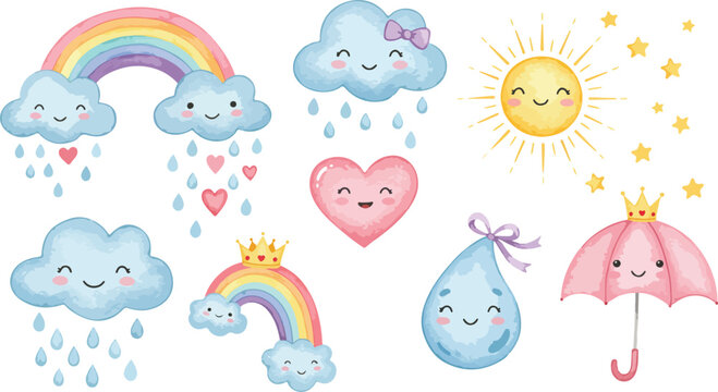 Whimsical weather icons with smiling clouds rainbow and heart