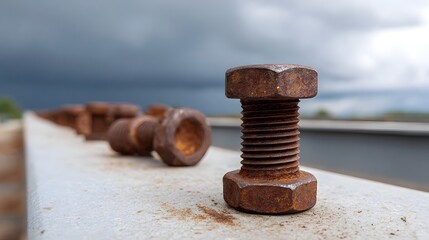 Close up of a heavily rusted bolt and nuts resting on a weathered metal surface under a dark stormy sky
