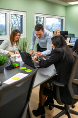 Happy business team actively collaborating on a shared project, working together around a table with laptops, discussing ideas and planning strategy in a contemporary office environment.