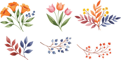 Watercolor floral illustrations of various colorful flowers and leaves arrangement