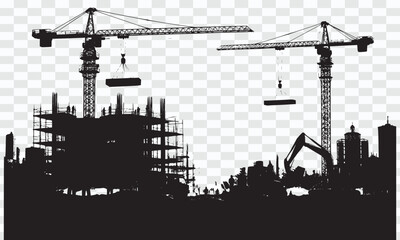 Black and White Construction Site Silhouette with Cranes and Engineers
