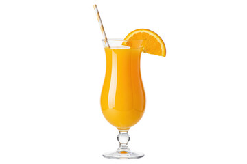 orange juice in a hurricane glass with a paper straw and orange wedge garnish, isolated cutout