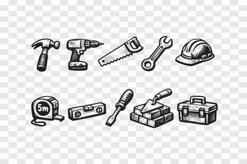 Construction Tools Illustration Set in Black and White Industrial Construction Tools Silhouette Design
