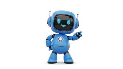 Fototapeta premium Blue cartoon robot assistant standing and pointing finger forward on white