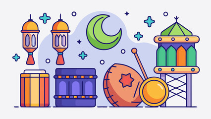 Flat vector icon set for Ramadan featuring a drum (Musaharati), dates, rosary, mosque, moon, and lantern, clean outlines, colorful palette.