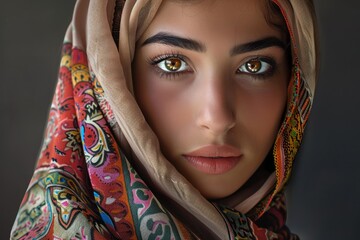 Close up portrait of beautiful middle eastern woman showcasing cultural fashion with intricate hijab, emphasizing her captivating eyes and serene expression