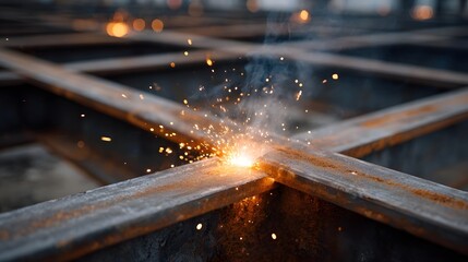 Bright welding sparks fuse rusty steel beams creating a structural connection in an industrial setting