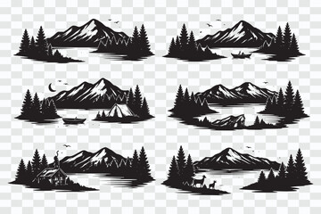 Mountain Lake Silhouette Landscape in Black and White