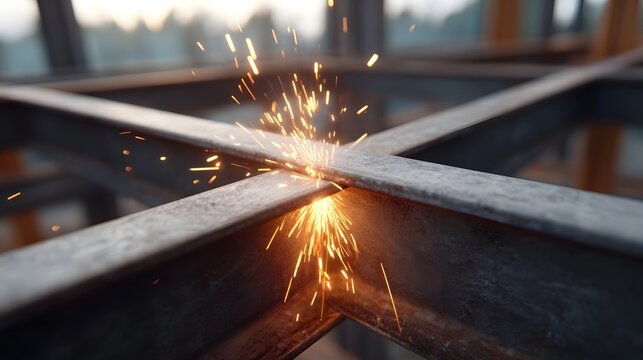 Bright sparks fly from intersecting steel beams during an outdoor construction project at dawn