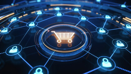Digital Shopping Cart Network Illustration. An eye-level shot captures a digital shopping cart at the center of a network of interconnected nodes, all rendered in bright neon hues.