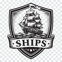 Old Maritime Sailing Ship Crest Black and White Illustration