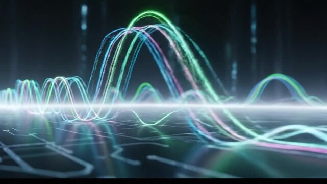 Dynamic neon data waves reflecting on a dark digital plane