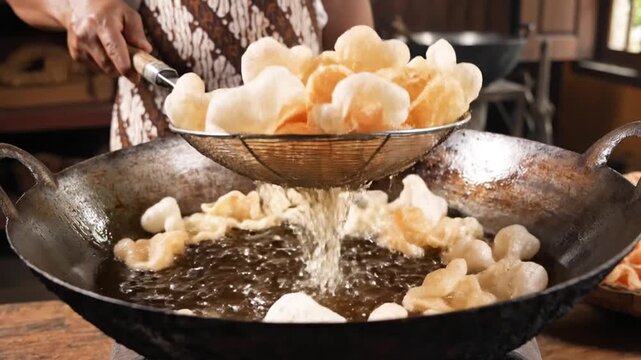 Crackers Frying in a Large Wok