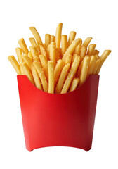 Freshly fried, golden brown french fries, visibly crispy with salt, piled high in a vibrant red cardboard container, on a transparent background with copy space. Concept for fast food advertising