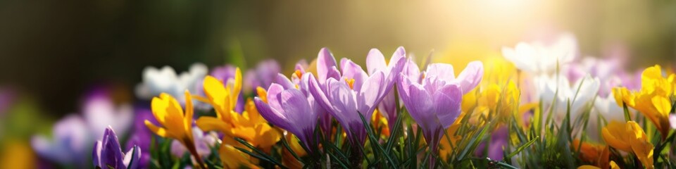 Fototapeta premium Vibrant spring bloom with purple and yellow crocuses in sunlight