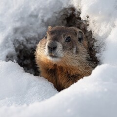 Obraz premium Groundhog emerges from snowy burrow in winter landscape