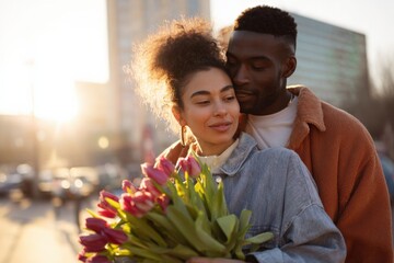 African male and hispanic female couple embracing with tulips on sunny urban street