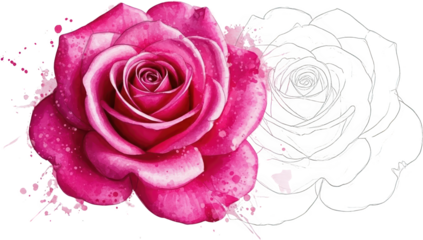 A vibrant watercolor painting of a deep pink rose bloom with accompanying delicate white line art next to it accented by splashes flower romantic wedding garden nature floral
