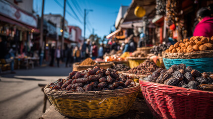 Traditional street market with baskets of dates during an international date festival celebration